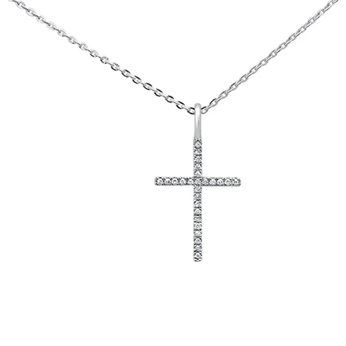 .05ct 14kt White Gold Diamond Cross Pendant Necklace 18″ Long Chain