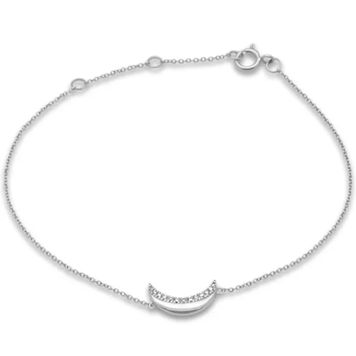 .05ct G SI 14K White Gold Diamond Half Moon Chain Bracelet 7″ Long Adjustable