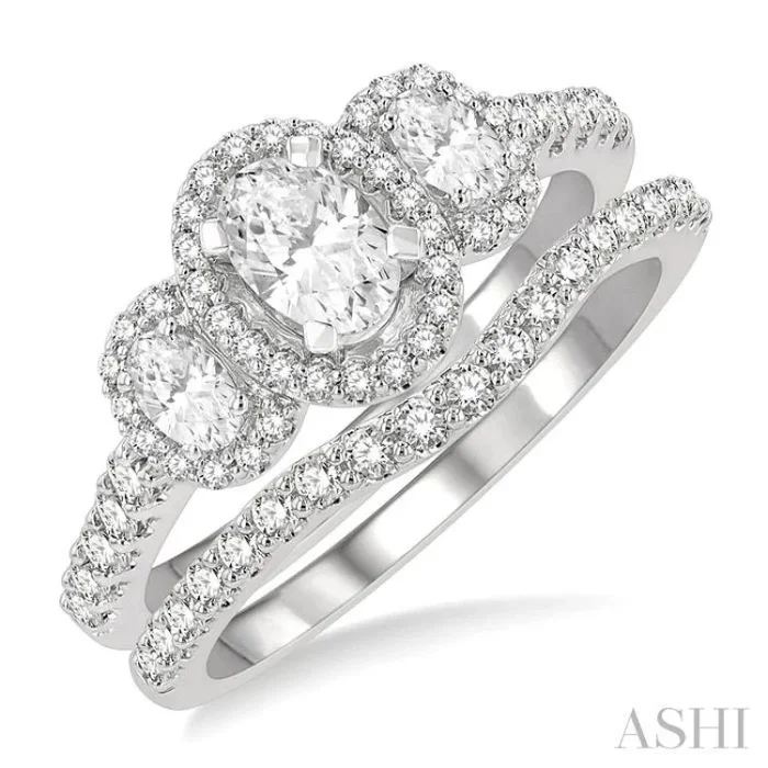 1 1/4 Ctw Diamond Wedding Set With 1 Ct Triple Oval Shape Past, Present & Future Engagement Ring and 1/4 Ct Curved Wedding Band in 14K White Gold