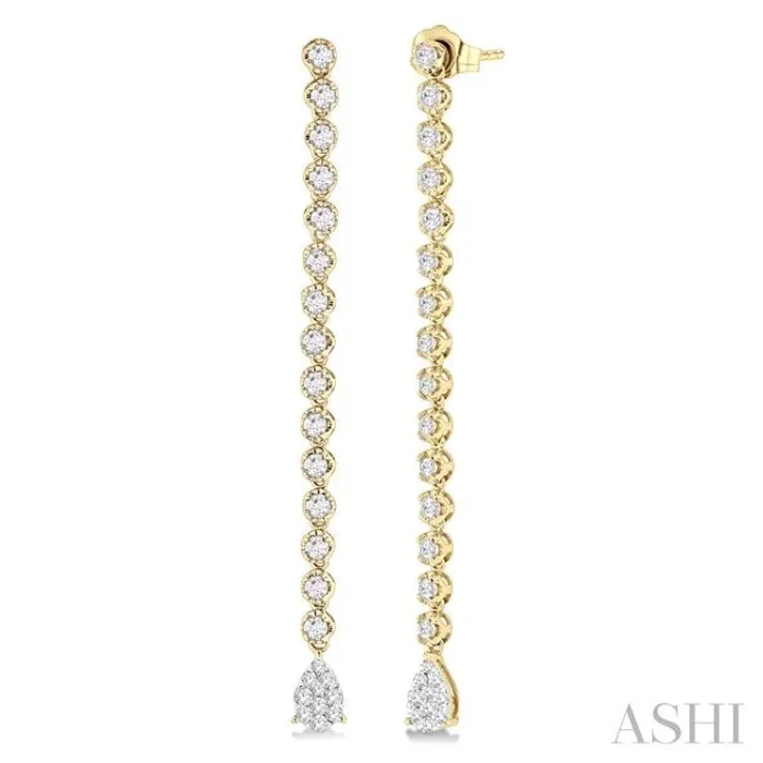 1 1/4 Ctw Lovebright Pear Shape Dangle Tip Round Cut Diamond Fashion Long Earrings in 14K Yellow and White Gold