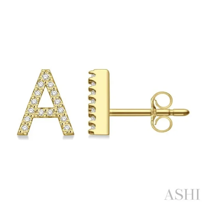 1/10 Ctw Initial ‘A’ Round Cut Diamond Earrings in 10K Yellow Gold