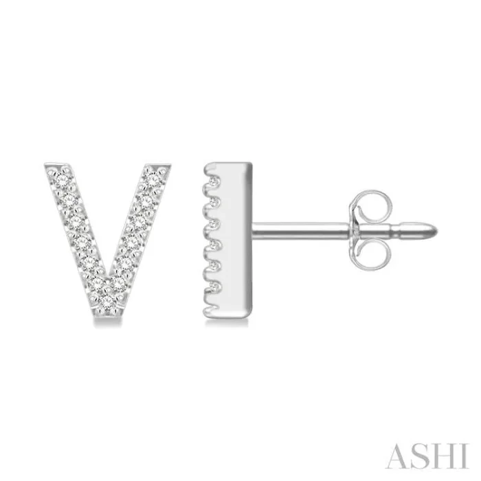 1/10 Ctw Initial ‘V’ Single Cut Diamond Earrings in 10K White Gold