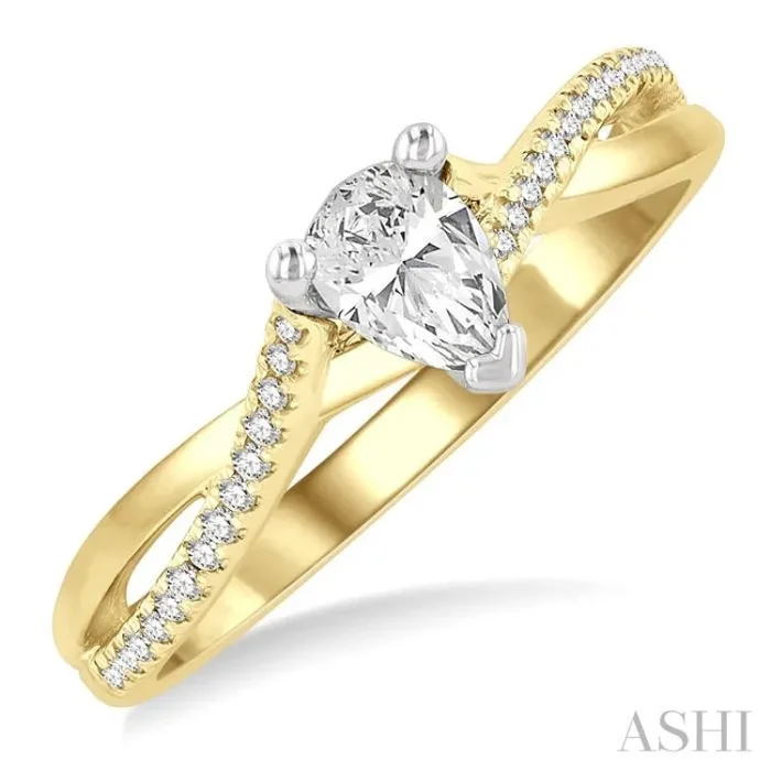 1/2 Ctw Split Crossover Shank Round & Pear Cut Diamond Engagement Ring with 1/3 Ctw Pear Cut Center Stone in 14K Yellow and White Gold