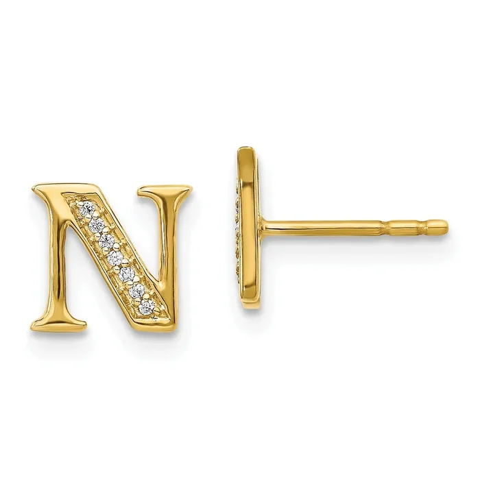 1/25 CTW Natural Diamond Stud Initial Earrings in 14KT Yellow Gold; Initial N