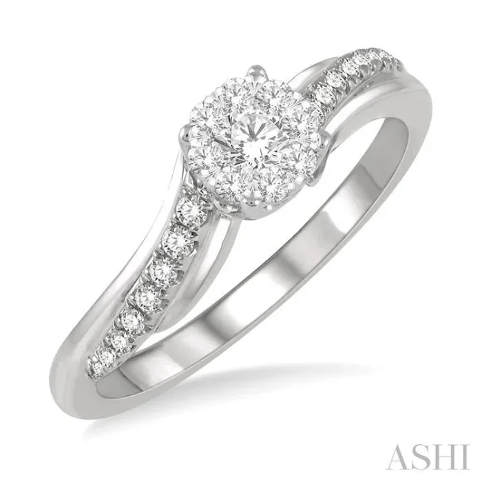 1/3 Ctw Circular Mount Slanting Round Cut Diamond Lovebright Engagement Ring in 14K White Gold