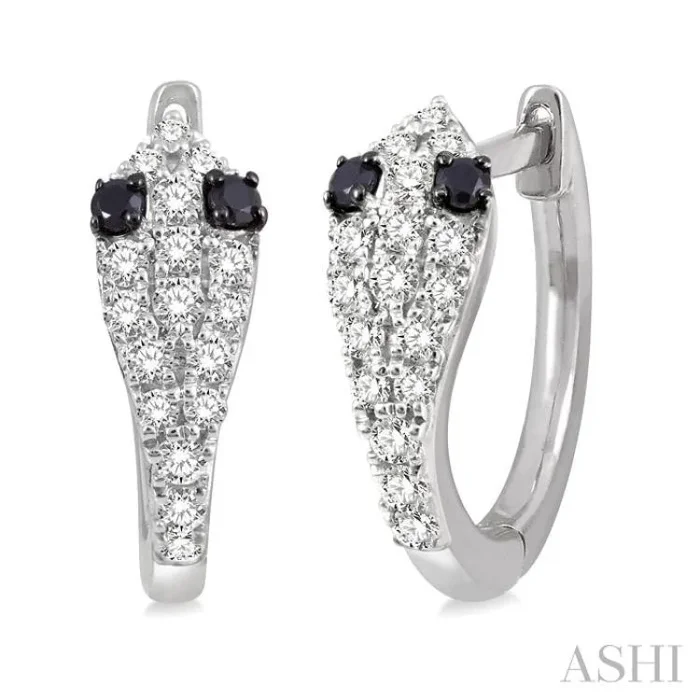 1/4 Ctw Serpent Head With Black Diamond Eyes Round Cut Diamond Huggie Petite Earrings in 10K White Gold