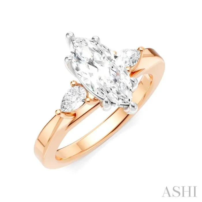 1/4 Ctw Tri-Mount Marquise Shape Center Pear and Round Cut Diamond Semi-Mount Engagement Ring in 14K Rose and White Gold