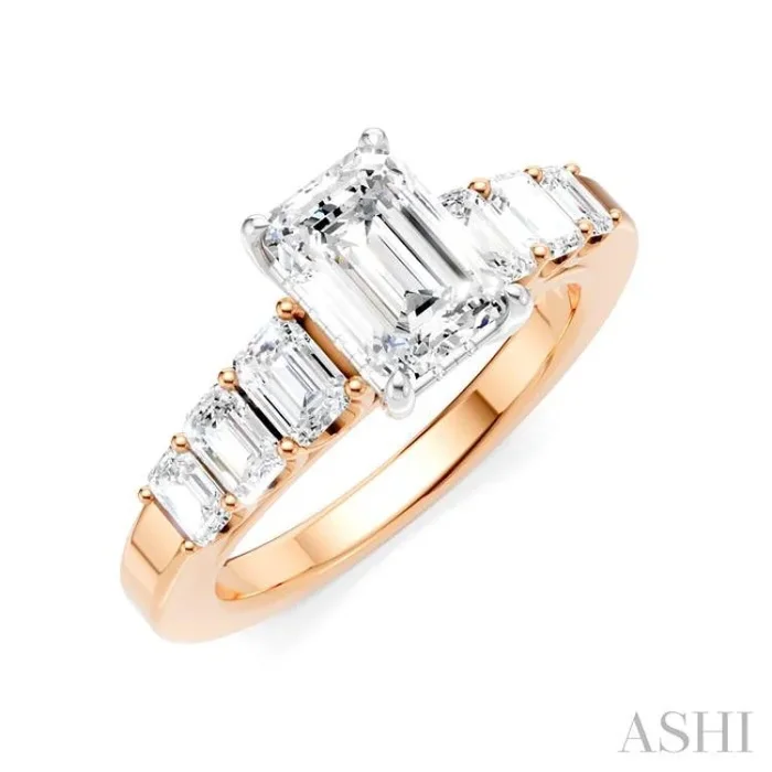 1 Ctw Emerald Shape Emerald and Round Cut Diamond Semi-Mount Engagement Ring in 14K Rose and White Gold