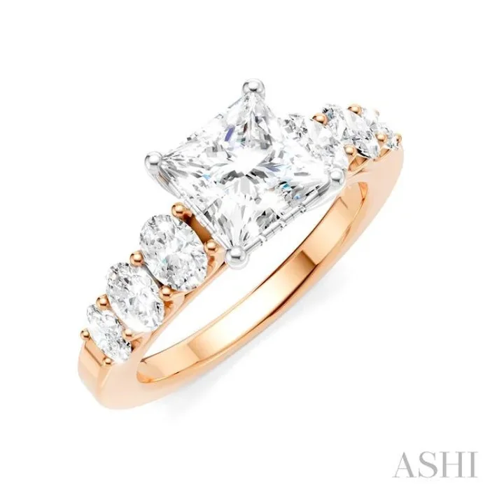 1 Ctw Princess Shape Oval and Round Cut Diamond Semi-Mount Engagement Ring in 14K Rose and White Gold