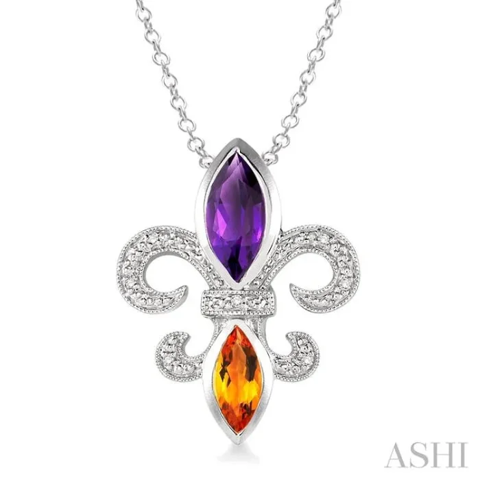 10×5 & 8×4 MM Marquise cut Amethyst and Citrine and 1/50 Ctw Single Cut Diamond Fleur De Lis Pendant in Sterling Silver with Chain