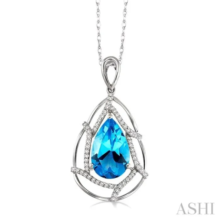 10×7 MM Pear Shape Blue Topaz and 1/5 Ctw Round Cut Diamond Semi-Precious Pendant in 14K White Gold with Chain