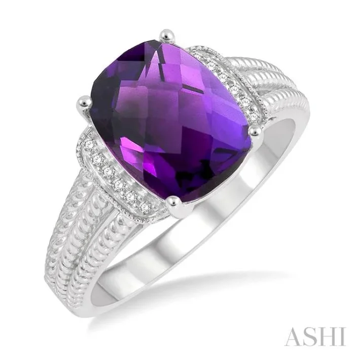 10×8 MM Cushion Shape Amethyst and 1/20 Ctw Round Cut Diamond Semi-Precious Ring in Sterling Silver
