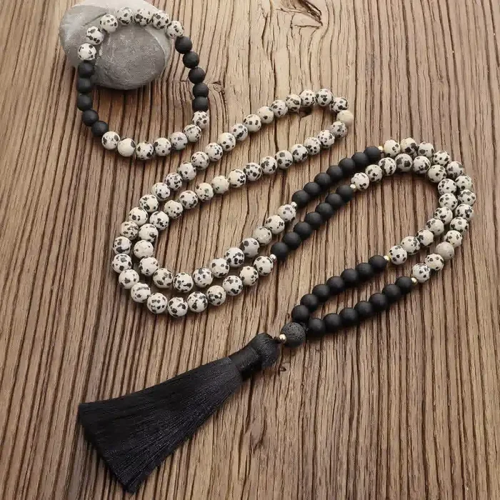 108 Mala Beads Zebra Jasper Frosted Stone Protection Tassel Bracelet (Extra 30% Off USE CODE FS30)