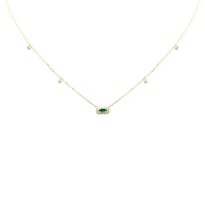 .10ct G SI 14K Yellow Gold Diamond & Emerald Gemstones Pendant Necklace 16+2″ Long