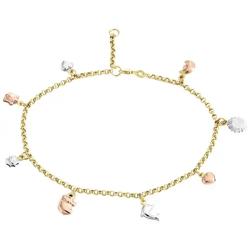 10K Multi Gold 2.50mm Rolo Link Turtle Moon Elephant Heart Sun Charm Anklet 10″