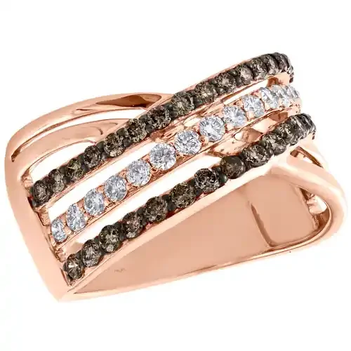 10K Rose Gold Brown Diamond Women‘s 3 Row Crossover Right Hand Ring 0.87 Ct.