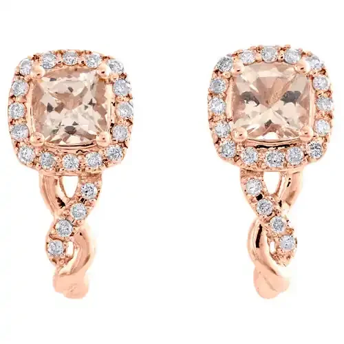 10K Rose Gold Diamond & Cushion Shape Morganite Gemstone Stud Earrings 1 TCW.