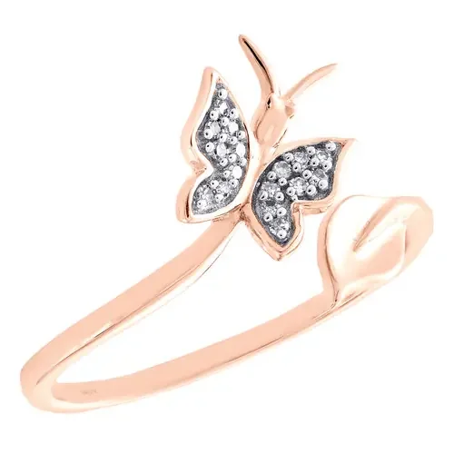 10K Rose Gold Diamond Butterfly + Leaf Bypass Women‘s Right Hand Ring 0.20 Ct.