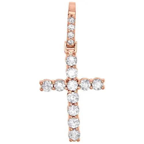 10K Rose Gold Diamond Solitaire Prong Set 1 Row Cross Pendant 1.65″ 2.10 CT.