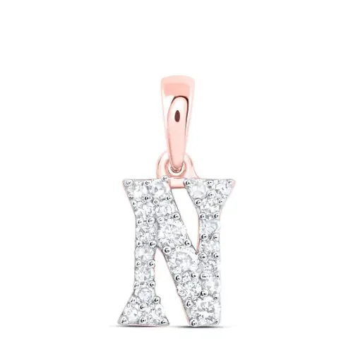 10K Rose Gold Diamond Women‘s Block Font Initial N Mini Letter Pendant 1/6 CT