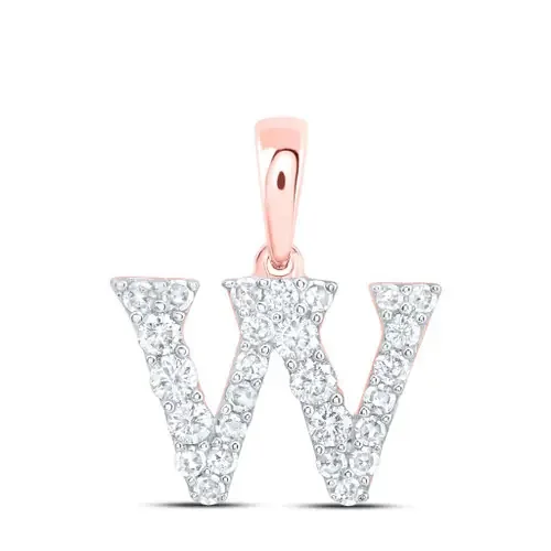10K Rose Gold Diamond Women‘s Block Font Initial W Mini Letter Pendant 1/4 CT