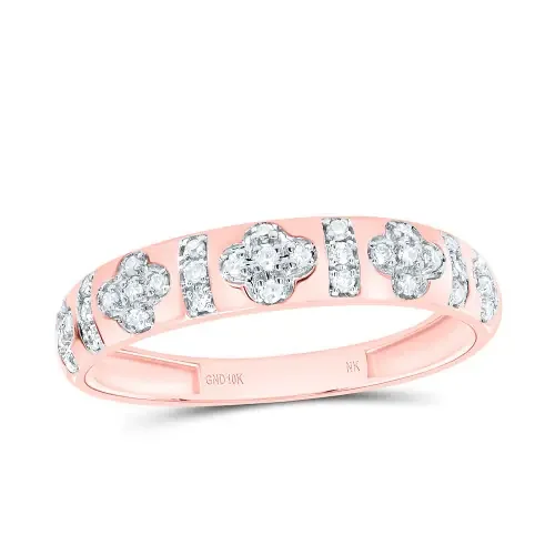 10K Rose Gold Natural Diamond 4mm Bar 4 Leaf Clover Ring Anniversary Band 1/6 CT