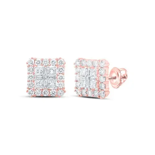 10K Rose Gold Real Baguette Diamond Unisex Quad Square Stud Earrings 1.33 CT