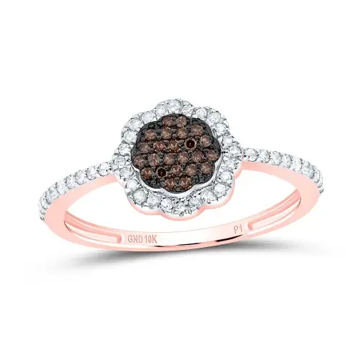 10K Rose Gold Real Brown Diamond Floral Cluster Flower Right Hand Ring 1/4 CT