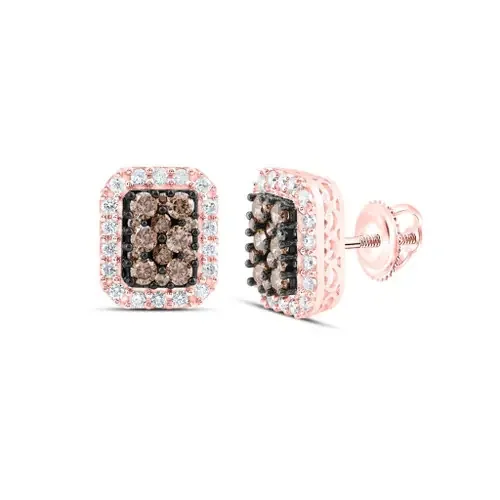 10K Rose Gold Real Brown Diamond Women‘s Cluster Rectangle Stud Earrings 3/4 CT