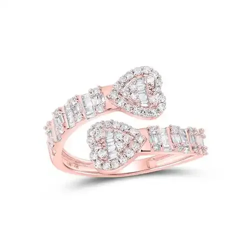 10K Rose Gold Round & Baguette Diamond Cuff Bypass Heart Statement Ring 5/8 CT.