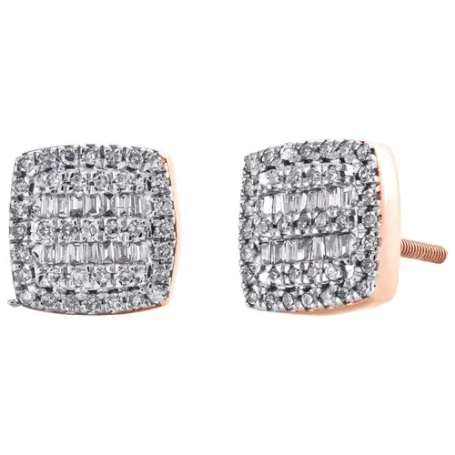 10K Rose Gold Round & Baguette Diamond Cushion Shape Earrings 8.50mm Stud 3/8 CT