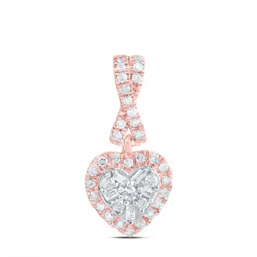 10K Rose Gold Round & Baguette Diamond Women‘s Cluster Heart Small Pendant 1/5 CT.
