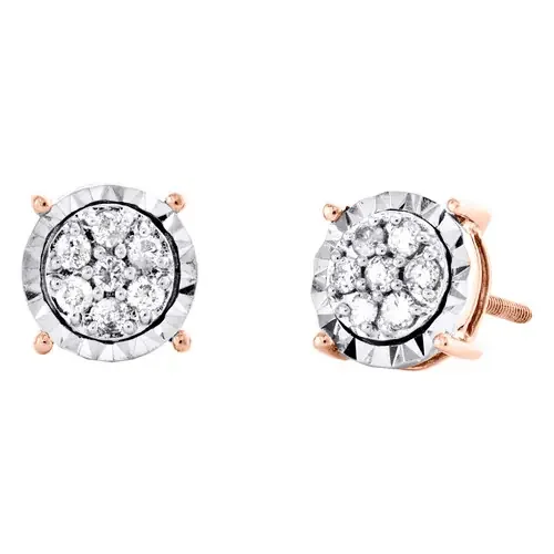 10K Rose Gold Round Diamond 4 Prong Circle Stud 8mm Mircale Set Earrings 0.34 CT