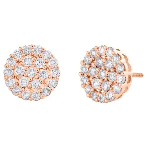 10K Rose Gold Round Diamond Circle Cluster Stud 11.50mm Halo Earrings 1.37 CT.