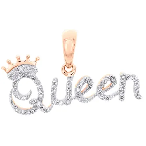 10K Rose Gold Round Diamond Crown Queen Statement Pendant 0.65″ Charm 1/6 CT.