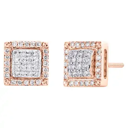 10K Rose Gold Round Diamond Square Domed Frame Stud 8mm Cluster Earrings 0.34 CT