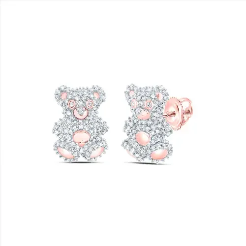 10K Rose Gold Round Diamond Teddy Bear Studs Fashion Earrings 3/4 CT.