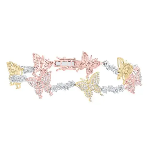 10K Tri-Color Gold Genuine Diamond Womens Butterfly Tennis Bracelet 2.63 CT 7″