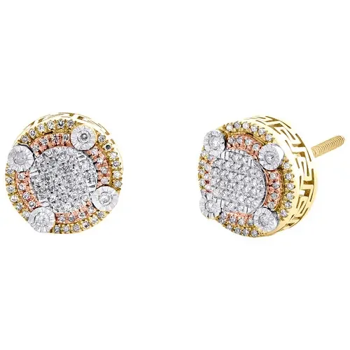 10K Tri-Tone Gold Genuine Diamond 10mm Tiered Halo Round Stud Earrings 1/5 CT
