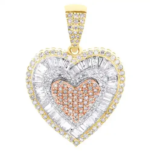 10K Tri-Tone Gold Natural Baguette Diamond Womens Tier Halo Heart Pendant 3/4 CT