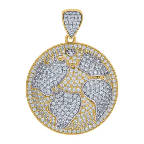 10K Two Tone Gold CZ Men‘s Iced Out Dome Medallion Charm World Map Globe Pendant