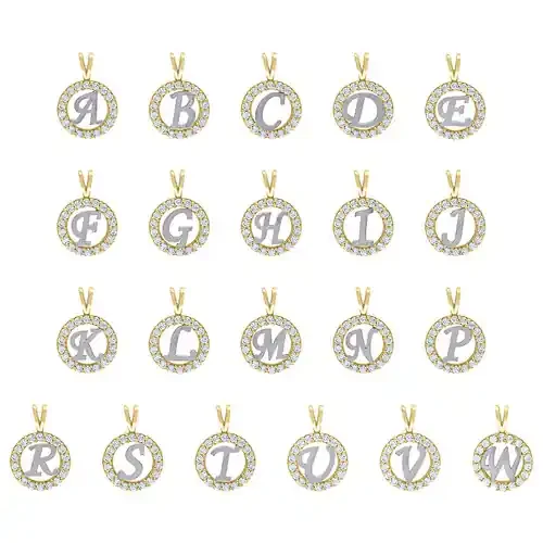 10K Two Tone Gold CZ Script Initial in Circle Charms Frame Pendants A to W