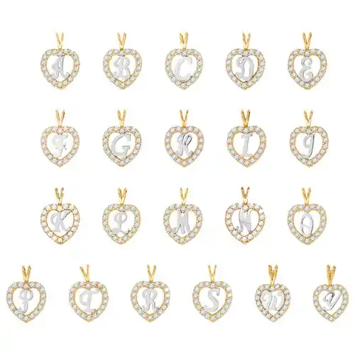 10K Two Tone Gold CZ Script Initial in Heart Charms Frame Pendants A to Y