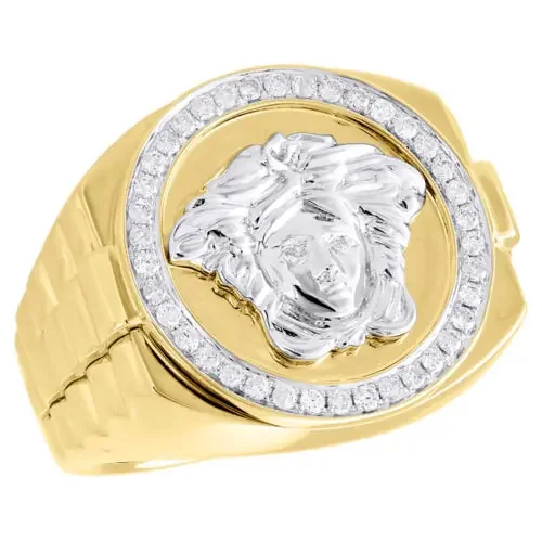 10K Two Tone Gold Real Diamond Statement Medusa Pinky Ring Step Shank 0.48 CT.