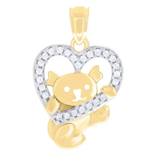 10K Two Tone Gold Round CZ Women‘s 0.75″ Charm Koala Bear Holding Heart Pendant