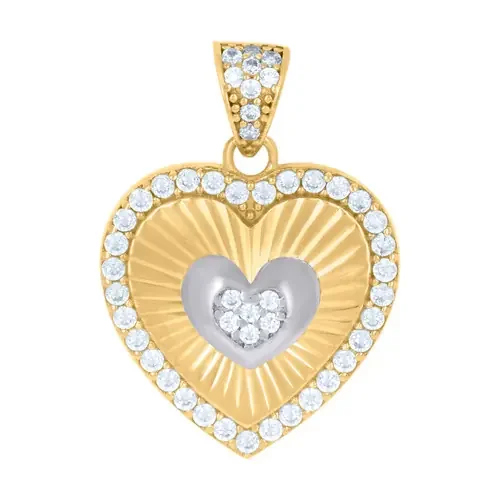 10K Two Tone Gold Round CZ Women‘s 1″ Facet Charm Heart in Heart Frame Pendant