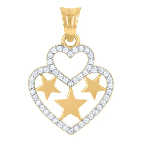 10K Two Tone Gold Round CZ Womens 0.95″ Love Charm Double Heart w/ Stars Pendant