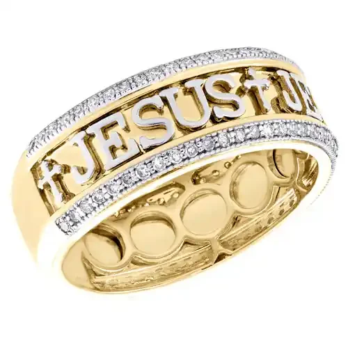 10K Two Tone Gold Round Diamond Jesus Statement Wedding Band 8mm Ring 1/2 CT.