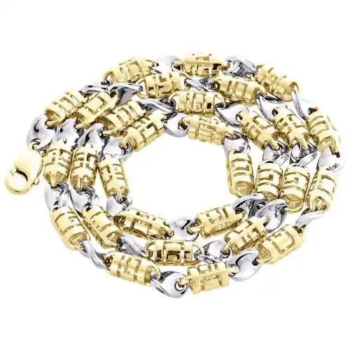 10K Two Tone Gold Solid Bullet Greek Key Fancy Link Chain 7.75mm 3D Necklace 32″