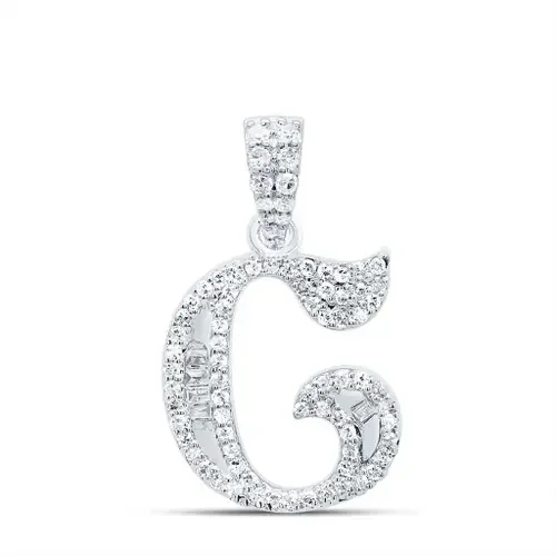 10K White Gold Baguette Diamond Old English Block Font Initial C Pendant 1/4 CT
